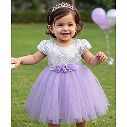 Babyhug Woven Half Sleeves Sequin Party Dress With Corsage Bow - Lilac