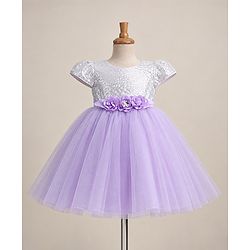 Babyhug Woven Half Sleeves Sequin Party Dress With Corsage Bow - Lilac