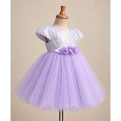 Babyhug Woven Half Sleeves Sequin Party Dress With Corsage Bow - Lilac