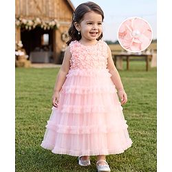 Babyhug Solid Mesh Woven and Sleeveless Party Gown with Applique Flowers - Pink