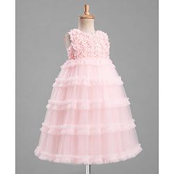 Babyhug Solid Mesh Woven and Sleeveless Party Gown with Applique Flowers - Pink