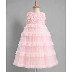 Babyhug Solid Mesh Woven and Sleeveless Party Gown with Applique Flowers - Pink