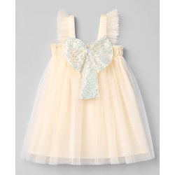 Babyhug Mesh Woven Ruffle Sleeves Party Dress with Bow Applique - Yellow