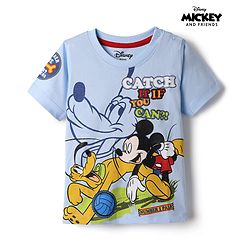 Babyhug Disney 100% Cotton Single Jersey Knit Half sleeves Tshirt with Mickey Mouse Print - Light Blue