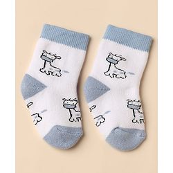 Cute Walk By Babyhug Anti-Bacterial Terry Knit Ankle Length Socks With Elephant Design Pack Of 3- Blue & White