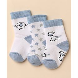 Cute Walk By Babyhug Anti-Bacterial Terry Knit Ankle Length Socks With Elephant Design Pack Of 3- Blue & White
