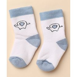 Cute Walk By Babyhug Anti-Bacterial Terry Knit Ankle Length Socks With Elephant Design Pack Of 3- Blue & White
