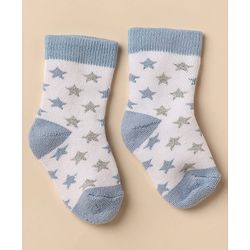 Cute Walk By Babyhug Anti-Bacterial Terry Knit Ankle Length Socks With Elephant Design Pack Of 3- Blue & White