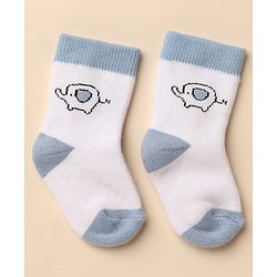 Cute Walk By Babyhug Anti-Bacterial Terry Knit Ankle Length Socks With Elephant Design Pack Of 3- Blue & White