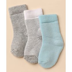 Cute Walk By Babyhug Anti-Bacterial Terry Knit Ankle Length Solid Socks Pack Of 3- Blue & Grey