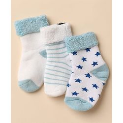Cute Walk By Babyhug Anti-Bacterial Terry Knit Ankle Length Socks With Star Design Pack Of 3- Blue & White