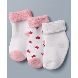 Cute Walk By Babyhug Anti-Bacterial Terry Knit Ankle Length Socks With Star Design Pack Of 3- Pink & White