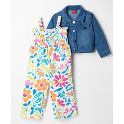 Babyhug 100% Cotton Knit Sleeveless Floral Printed Jumpsuit With Jacket - Navy Blue