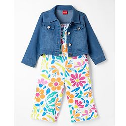 Babyhug 100% Cotton Knit Sleeveless Floral Printed Jumpsuit With Jacket - Navy Blue