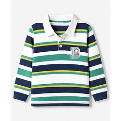 Babyhug 100% Cotton Knit Full Sleeves Striped Pique Polo T-Shirt with Bear Embroidered Patch - Navy Blue