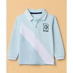 Babyhug 100% Cotton Knit Full Sleeves Cut And Sew Polo Tee with Full Sleeves and Letter B and Basketball Print in Light Blue