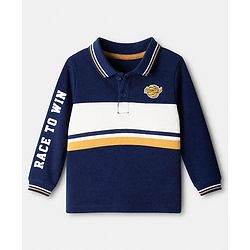 Babyhug 100% Cotton Knit Full Sleeves Polo T-Shirt with Cut & Sew and New York Patch with Race to Win Applique - Navy Blue