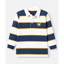 Babyhug 100% Cotton Knit Striped Pique Polo T-Shirts with Full Sleeves and Team Champs 56 Patch - Navy Blue & Yellow