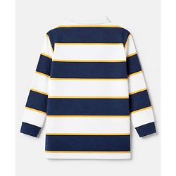 Babyhug 100% Cotton Knit Striped Pique Polo T-Shirts with Full Sleeves and Team Champs 56 Patch - Navy Blue & Yellow