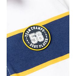 Babyhug 100% Cotton Knit Striped Pique Polo T-Shirts with Full Sleeves and Team Champs 56 Patch - Navy Blue & Yellow