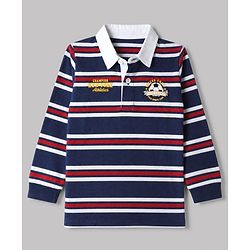 Babyhug 100% Cotton Knit Polo T-Shirt with Full Sleeves, Striped Pattern and Soccer Ball Print in Navy Blue
