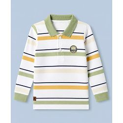Babyhug 100% Cotton Knit Full Sleeves Striped Polo T-shirt with Mountain Landscape Patch in White
