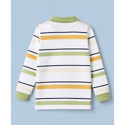 Babyhug 100% Cotton Knit Full Sleeves Striped Polo T-shirt with Mountain Landscape Patch in White