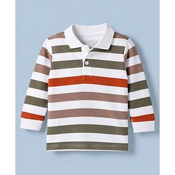 Babyhug 100% Cotton Knit Polo T-Shirt with Full Sleeves and Striped Print in White
