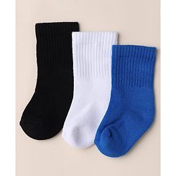 Cute Walk by Babyhug Knit Calf Length Anti Bacterial Solid Socks Pack of 3 - White, Black & Blue