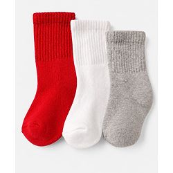 Cute Walk By Babyhug Cotton Terry Knit Ankle Length Solid Socks With Anti-Bacterial Pack of 3 -White Red & Grey