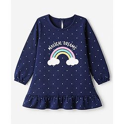 Babyhug Cotton Knit Full Sleeves Nighty with Rainbow Polka Dots Print -Navy Blue