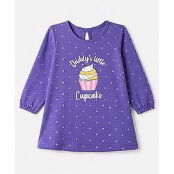 Babyhug Cotton Knit Full Sleeves Nighty with Daddy's Little Cupcake Text and Polka Dots Print - Violet