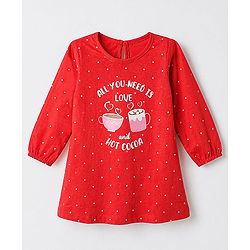 Babyhug Cotton Knit Full Sleeves Nighty with Slogan & Polka Dots Print -Red