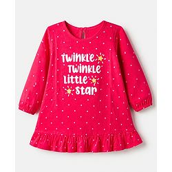 Babyhug Cotton Knit Full Sleeves Nighty with Slogan & Polka Dots Print -Dark Pink