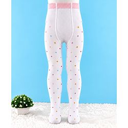 Cute Walk By Babyhug Cotton Knit Full Length Anti-Bacterial Tights With Polka Dots Print - White