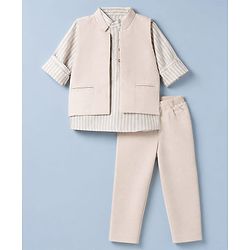 Babyhug Woven Full Sleeves Striped Party Suit - Beige