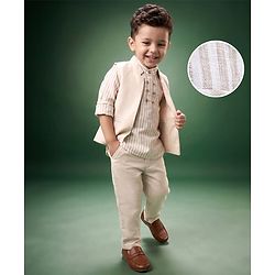 Babyhug Woven Full Sleeves Striped Party Suit - Beige