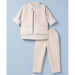 Babyhug Woven Full Sleeves Striped Party Suit - Beige