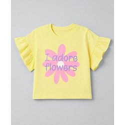 Babyhug 100% Cotton Knit Half Sleeves, Frill Sleeves T-Shirt with Graphic & Flower Print in Yellow