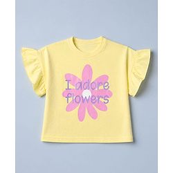 Babyhug 100% Cotton Knit Half Sleeves, Frill Sleeves T-Shirt with Graphic & Flower Print in Yellow