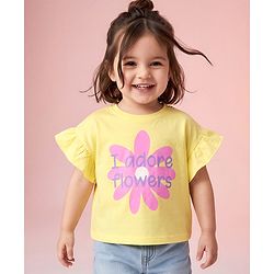 Babyhug 100% Cotton Knit Half Sleeves, Frill Sleeves T-Shirt with Graphic & Flower Print in Yellow