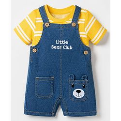 Babyhug Single Jersey Knit Half Sleeves Striped Tee With Bear Face & Text Embroidered Denim Dungaree - Navy & Yellow