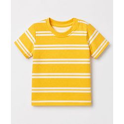 Babyhug Single Jersey Knit Half Sleeves Striped Tee With Bear Face & Text Embroidered Denim Dungaree - Navy & Yellow