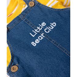 Babyhug Single Jersey Knit Half Sleeves Striped Tee With Bear Face & Text Embroidered Denim Dungaree - Navy & Yellow
