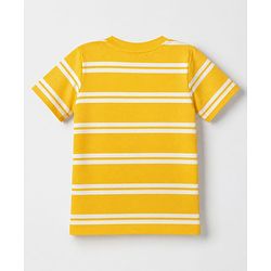Babyhug Single Jersey Knit Half Sleeves Striped Tee With Bear Face & Text Embroidered Denim Dungaree - Navy & Yellow