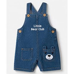 Babyhug Single Jersey Knit Half Sleeves Striped Tee With Bear Face & Text Embroidered Denim Dungaree - Navy & Yellow