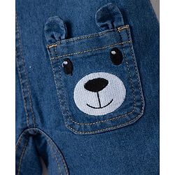Babyhug Single Jersey Knit Half Sleeves Striped Tee With Bear Face & Text Embroidered Denim Dungaree - Navy & Yellow