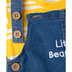 Babyhug Single Jersey Knit Half Sleeves Striped Tee With Bear Face & Text Embroidered Denim Dungaree - Navy & Yellow