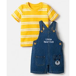 Babyhug Single Jersey Knit Half Sleeves Striped Tee With Bear Face & Text Embroidered Denim Dungaree - Navy & Yellow