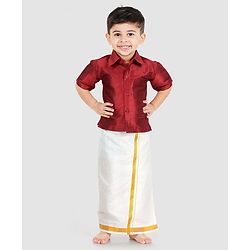 Babyhug Half Sleeve Shirt & Mundu Set - Maroon White